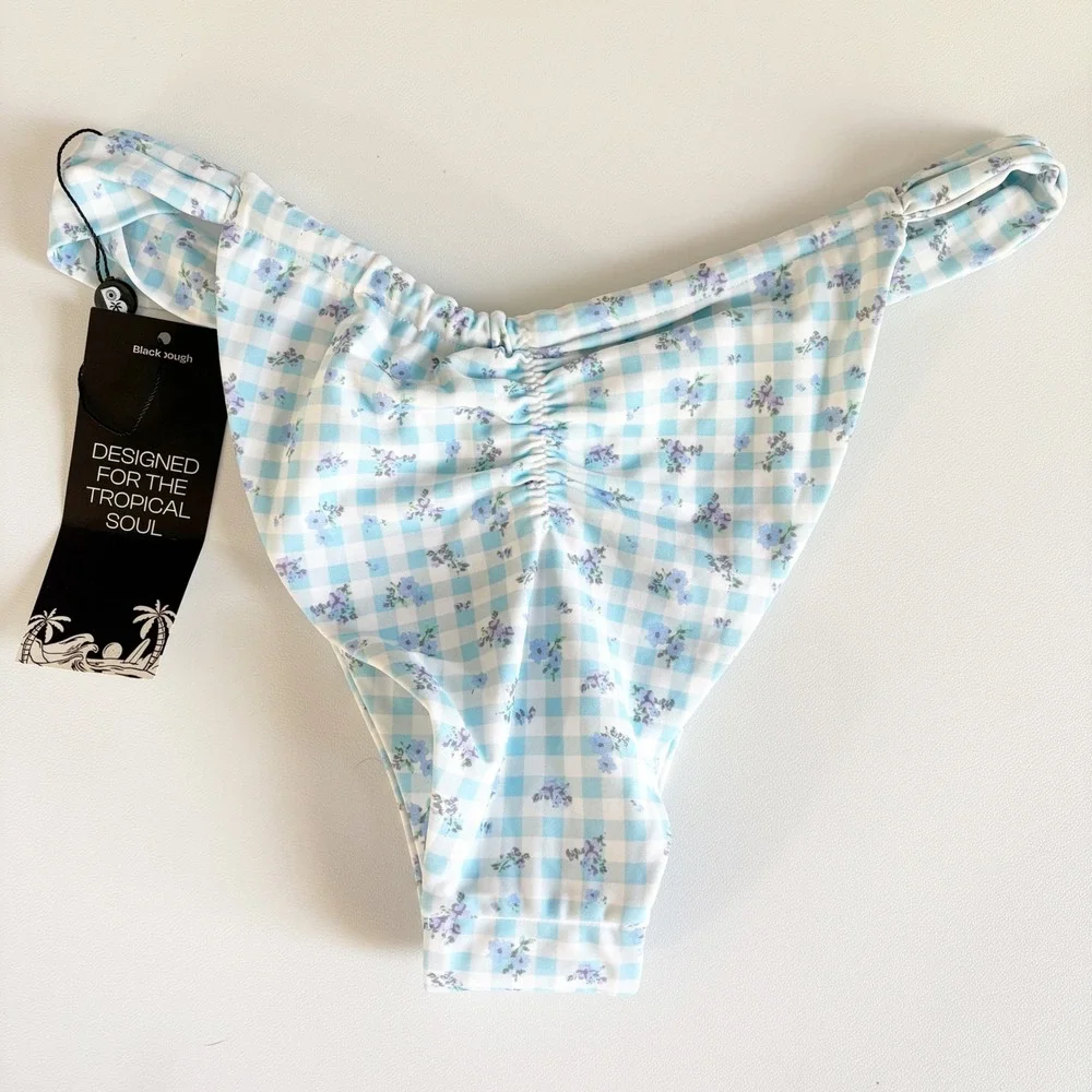 NWT Blackbough Womens Giana Ruched‎ Cheeky Gingham Floral Bikini Bottom Size XL
